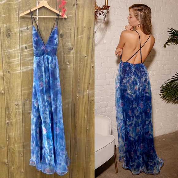 Lulus Dresses & Skirts - Navy Blue Watercolor Backless Organza Maxi Dress 🌿